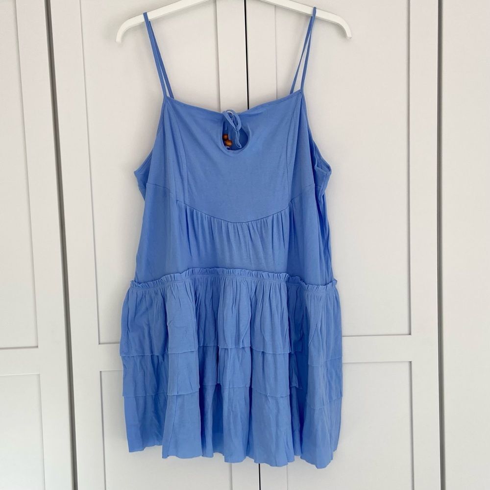 FREE PEOPLE Beach Blue Tiered Beaded Mini Dress Size M - Picture 2 of 10